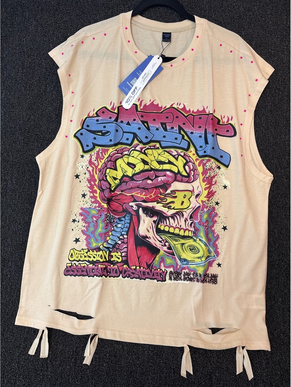 Men's street wear Graphic Muscle Tank with Skull and Brain Design Beige Size L